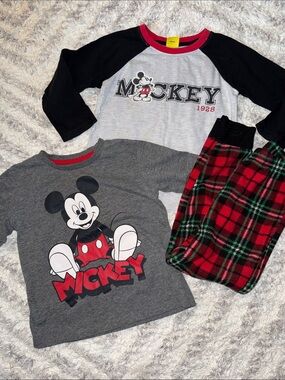 4T Disney Kids Mickey 2-Piece Pajama Set - Gray, Black & Red Plaid pants and tee